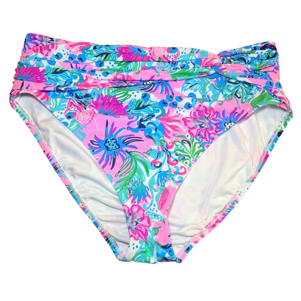 Lilly Pulitzer Yarrow High Waisted Ruched Bikini Bottoms Floral Pink Blue Sz 16